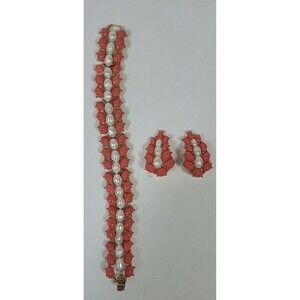 Vintage Crown Trifari Gold-Tone Coral Faux Pearl Demi Parure Bracelet Earrings